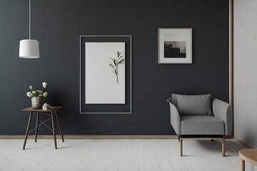 Mock up frame in dark home interior with armchair and branch in vase, 3d render