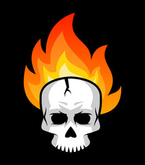 Flaming skull on black background. Human head skeleton with a fire flames behind. Burning skull. T shirt design element. Skull on fire. Tattoo style graphic design. Vector illustration, flat, clip art
