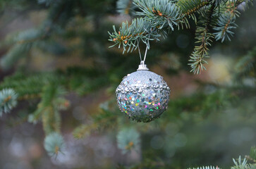 Obraz premium Silver snowball with glitter -Christmas tree decoration on pine tree branch against natural blurred bohen background. Free copy space. Christmas or New Year greeting concept.