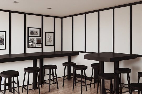 Bar interior with a row of tables near the windows, a counter with stools in the right part of the room and a framed vertical poster on a white wall, wooden floor. 3d rendering. Mock up.