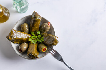 Vine leaves stuffed with rice.