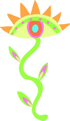 Stylized folk yellow green flower eye with orange lashes. Summer spring holiday element. Psychedelic spring plant. Apparel decoration and print. Holiday card.