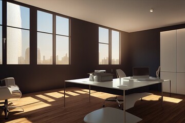 3D rendering, home office room with worktable, computer, supplies and decorations, 3D illustration