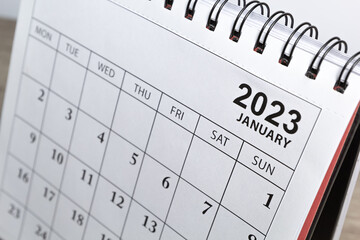 Close-up of January 2023 calendar. The concept of planning and deadline.