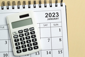 Calculator and calendar for January 2023. Annual report.