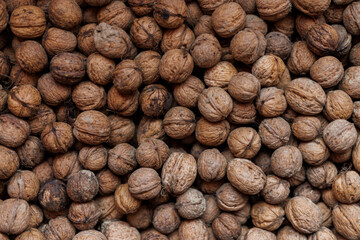 A top view of freshly harvested homemade walnuts, their rustic shells showcasing natural textures
