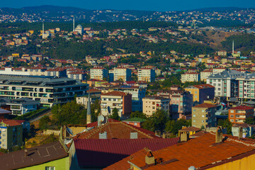 Top view of the cityscape. Skyscrapers, rooftops, streets and roads of Istanbul city.