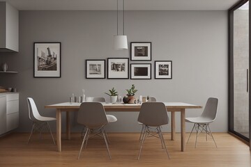 Fototapeta na wymiar Interior of stylish kitchen with gray walls, wooden floor, long dining table and vertical mock up poster. 3d rendering