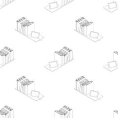 Bookshelf line seamless pattern. A large set of vector images in isometric. Wooden shelf with books and photo frame. Kit for games from different angles. Vector illustration in cartoon style.