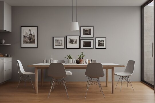 Interior of stylish kitchen with gray walls, wooden floor, long dining table and vertical mock up poster. 3d rendering