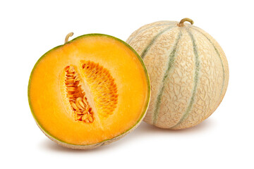 sliced cantaloupe melon path isolated on white