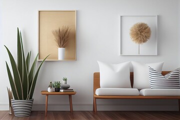 Mock up frame poster in Scandinavian living room with white wooden seat, wooden table and pampas grass in white vase. Two wood frames on beige wall background, 3D render, 3D illustration