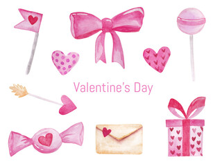 Love, hearts, envelope, letter, arrow, gift box, candy, sweetness, lollipop, bow. Watercolor illustration for valentine's day. Set for design, print. Pink romantic elements collection.
