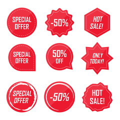 Set of tags and labels for sale. Template for use in trade labels, stickers, discounts and price tags on paper or website. Special offer. Vector illustration.