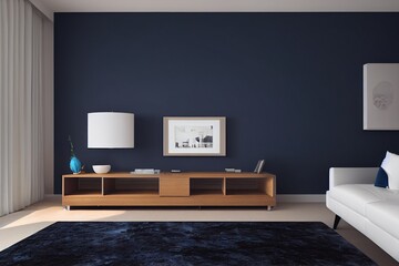 Modern interior of living room,blue Tv cabinet on dark blue wall,3d rendering