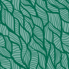 Geometric seamless pattern with intersecting lines similar striped plant leaves.Modern stylish abstract texture in green.Doodle ornament with stylized leaves.For fashion fabric,textile,home decor,card