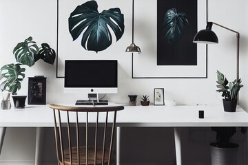 Interior design of creative home office in white scandi style, desk, laptop, camera, monstera, lamp and posters