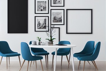 Dining room interior, table with chairs and a framed vertical poster above it. 3d rendering mock up