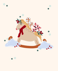 Winter cards with rocking horse in vintage style, berries branches, cotton. Concept Christmas and New Year. Perfect for greeting cards, poster, postcard, banner. Vector.