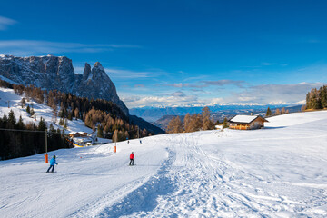 Alpe di Siusi with snow in winter, Dolomites, Italy