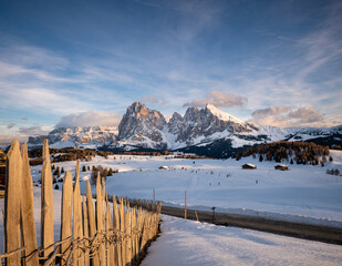 Alpe di Siusi with snow in winter, Dolomites, Italy