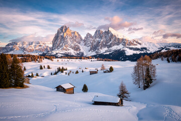 Alpe di Siusi with snow in winter, Dolomites, Italy - obrazy, fototapety, plakaty