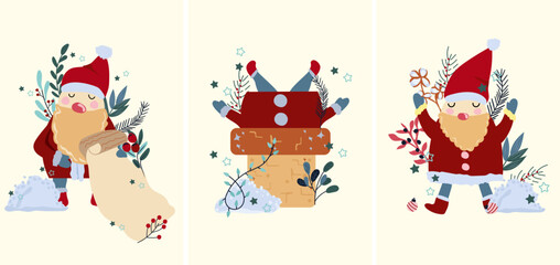 Christmas card with Santa Claus climbed into the chimney, Santa is reading a letter, winter berries, colorful leaves, pine branches, snow and other. Concept Christmas and New Year