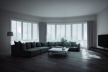Modern dark green living room 3d render