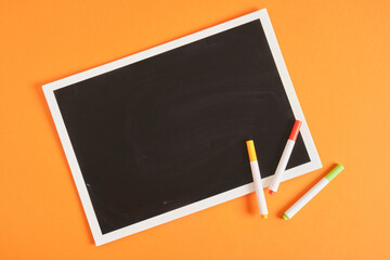 black board and chalk markers for drawing mockup top view