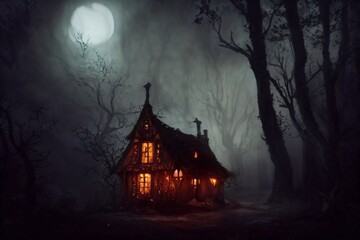 spooky haunted house in the woods