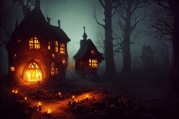 spooky halloween night scene with castle