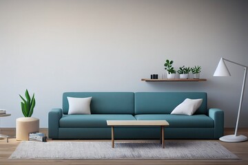 Minimalism modern interior scandinavian design. Bright studio living room. Cozy design large modular sofa, armchair, large wooden lamp, tv and green plants. 3d rendering. 3d illustration.