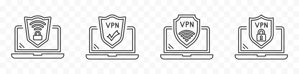 VPN icon set. Network security antivirus vpn privacy. Laptop with secure VPN connection concept. Data protection. Cyber security, secure web traffic. Secure VPN service used on a laptop. Vector