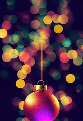 Merry Christmas ball on blurred bokeh lights background.