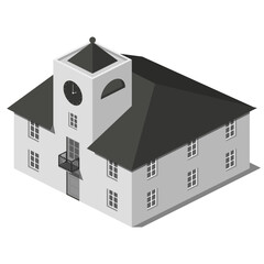 Isometric, grey small town hall with tower. City architecture.  Europe architecture.