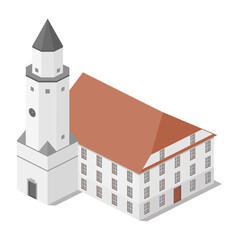 Isometric, white, big town hall with tower. City architecture.  Europe architecture.