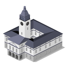 Isometric, grey big town hall with tower. City architecture.  European architecture.