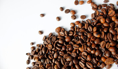 coffee beans background on white, top view