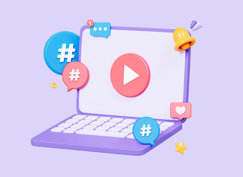 3D Computer laptop with video play button and hashtag. Live streaming concept. Social media marketing. Online cinema player. Cartoon creative design icon isolated on purple background. 3D Rendering