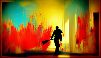 Dark silhouette in a multicolored room. A man in a colorful room is an abstract picture. Impressionist paint smudges on the walls. Digital illustration.