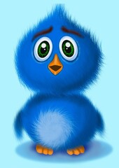 Blue bird, drawing of a character a small blue bird, handmade illustration.