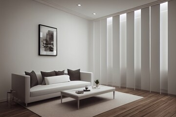 Naklejka na ściany i meble Modern classic white interior blank wall with moldings, panelling, wood floor, curtain. 3d render illustration mock up.