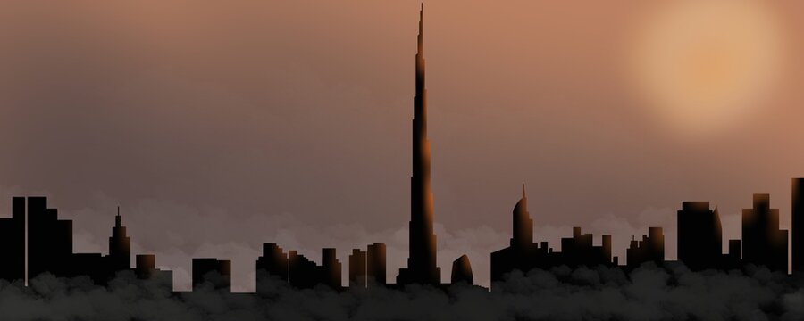 City silhouette, Dubai city silhouette illustrations, hand made illustration.