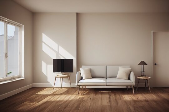 Mock up frame in home interior background, beige room with natural wooden furniture, Scandinavian style, 3d render