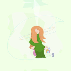 Vector young woman dressed with green sweater and skirt and a child boy, holding a shop basket with food. The illustration is devoted to charity and involves the help to poor old aged people.
