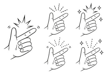 Hand snap fingers gesture, click sound signal line icon set. Human arm wrist flick. Easy, good idea, okay, excellent, attention grabbing or reminder. Point up, gesticulate. Web cursor pointer. Vector  - obrazy, fototapety, plakaty