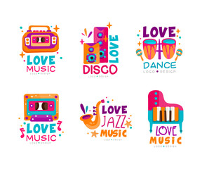 Fototapeta premium Bright Music Logo with Piano, Saxophone, Drum and Cassette Recorder Vector Set