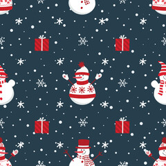 Christmas background. Seamless pattern with snowmen, gifts and snowflakes. Vector illustration on dark blue background