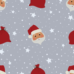 Christmas background. Seamless pattern with Santa Claus heads, bags with gifts, stars and snowflakes. Vector illustration on gray background