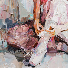 Little ballerina with curly hair sits and fastens pointe shoes on a white background. Oil painting, palette knife technique and brush.